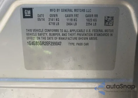 2014 Buick Lacrosse Leather Group z USA, uszkodzony, nr VIN 1G4GB5GR2EF299047